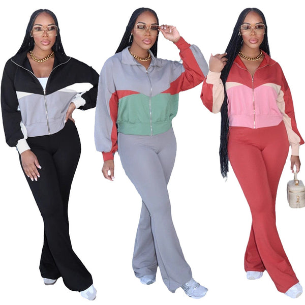 M3070 European and American   autumn and winter women's clothing two-piece set long-sleeved zipper jacket tight flared pants set