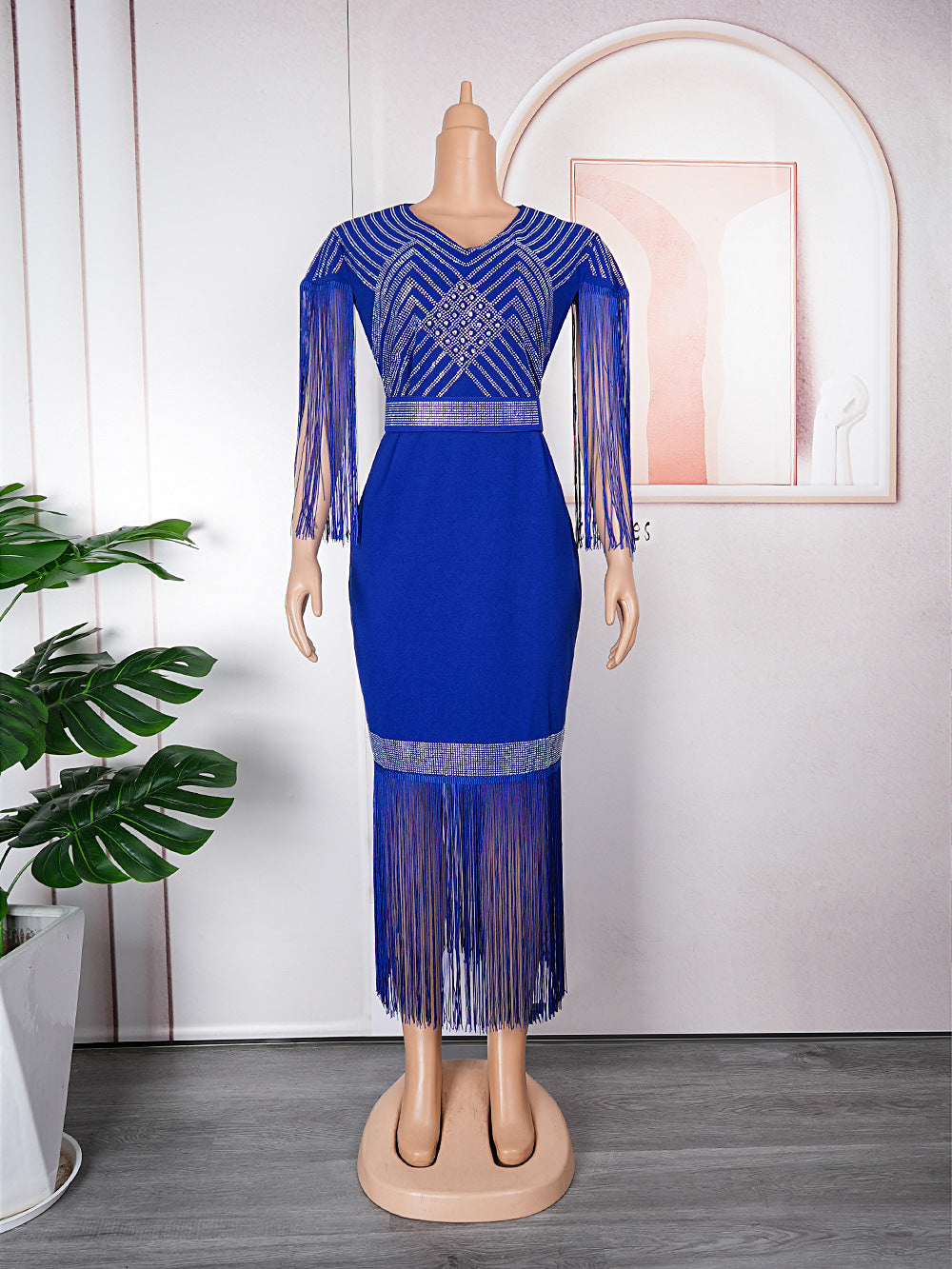 new european and american plus size women's clothing for cross-border e-commerce: african-style rhinestone and tassel dress for  and