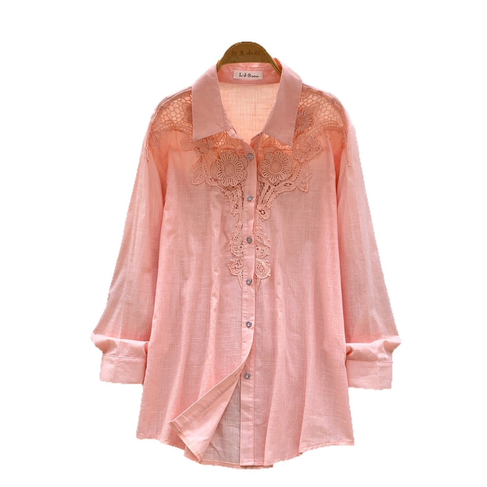 French chic embroidered cutout breathable shirt - women's long sleeve loose fit versatile commute cardigan - blue top