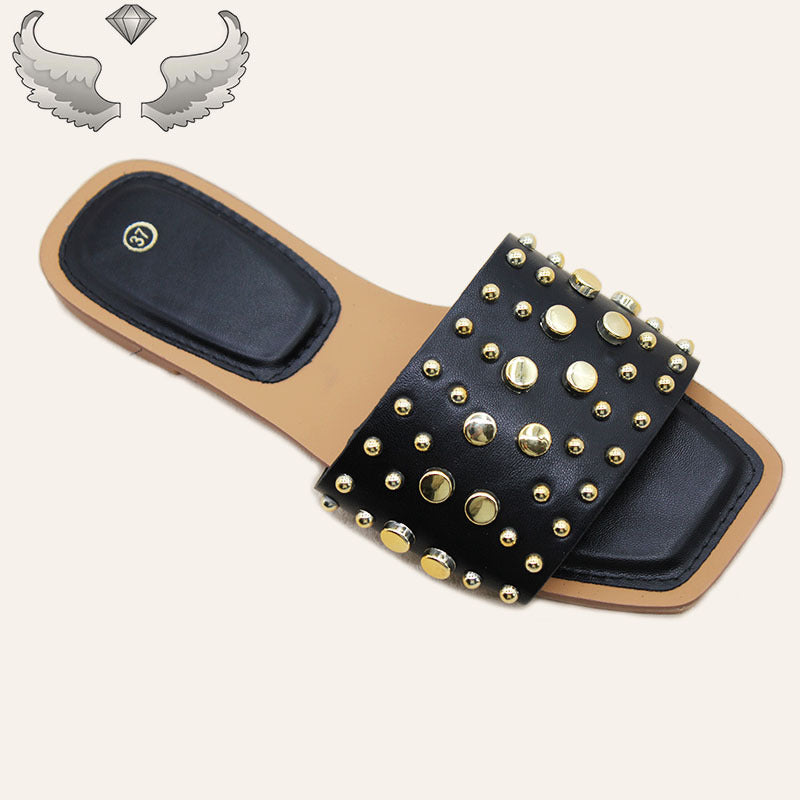 Ladies flat shoes wholesale square head metal rivets flat bottom slippers outer wear craft shoes Slippers