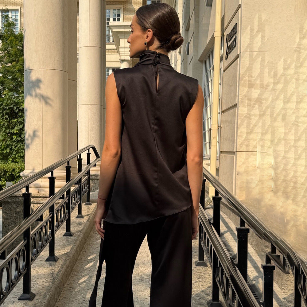 European and American  women's clothing new semi-turtleneck button-up sleeveless top design sense casual temperament irregular T-shirt women