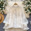 French style gentle flare sleeve diamond embellished pleated blouse - women's korean style breathable loose fit slimming elegant commute top