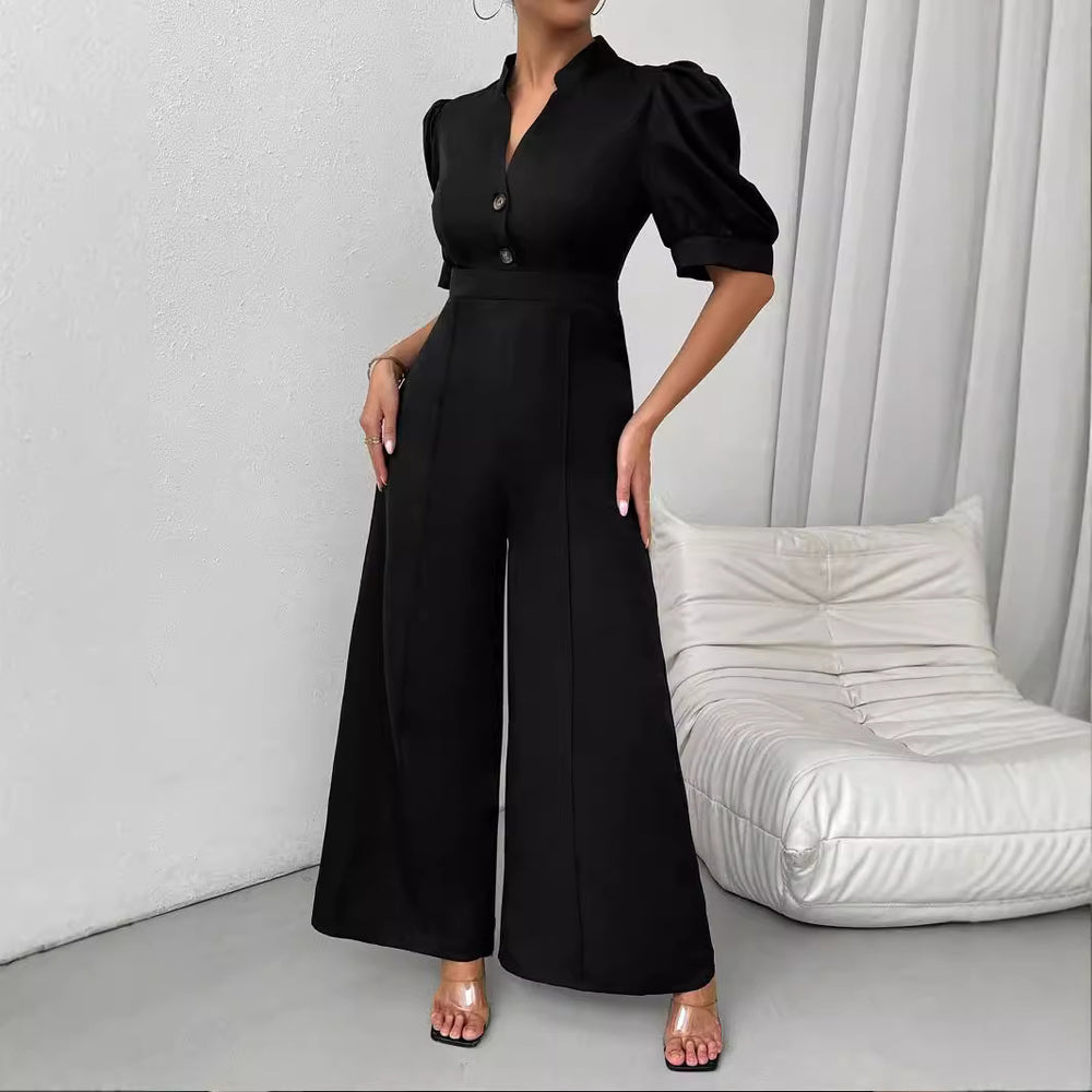 Amazon cross-border foreign trade spring & fall v-neck fashion jumpsuit women's waist short-sleeved wide-leg pants commuter style slimming look