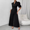 Amazon cross-border foreign trade spring & fall v-neck fashion jumpsuit women's waist short-sleeved wide-leg pants commuter style slimming look