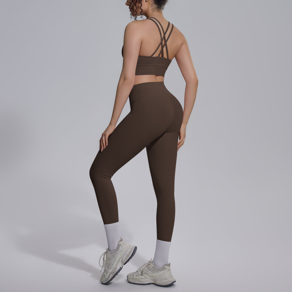 double-sided nylon pure color cross-back tight nude sportswear suit running fitness yoga suit suit