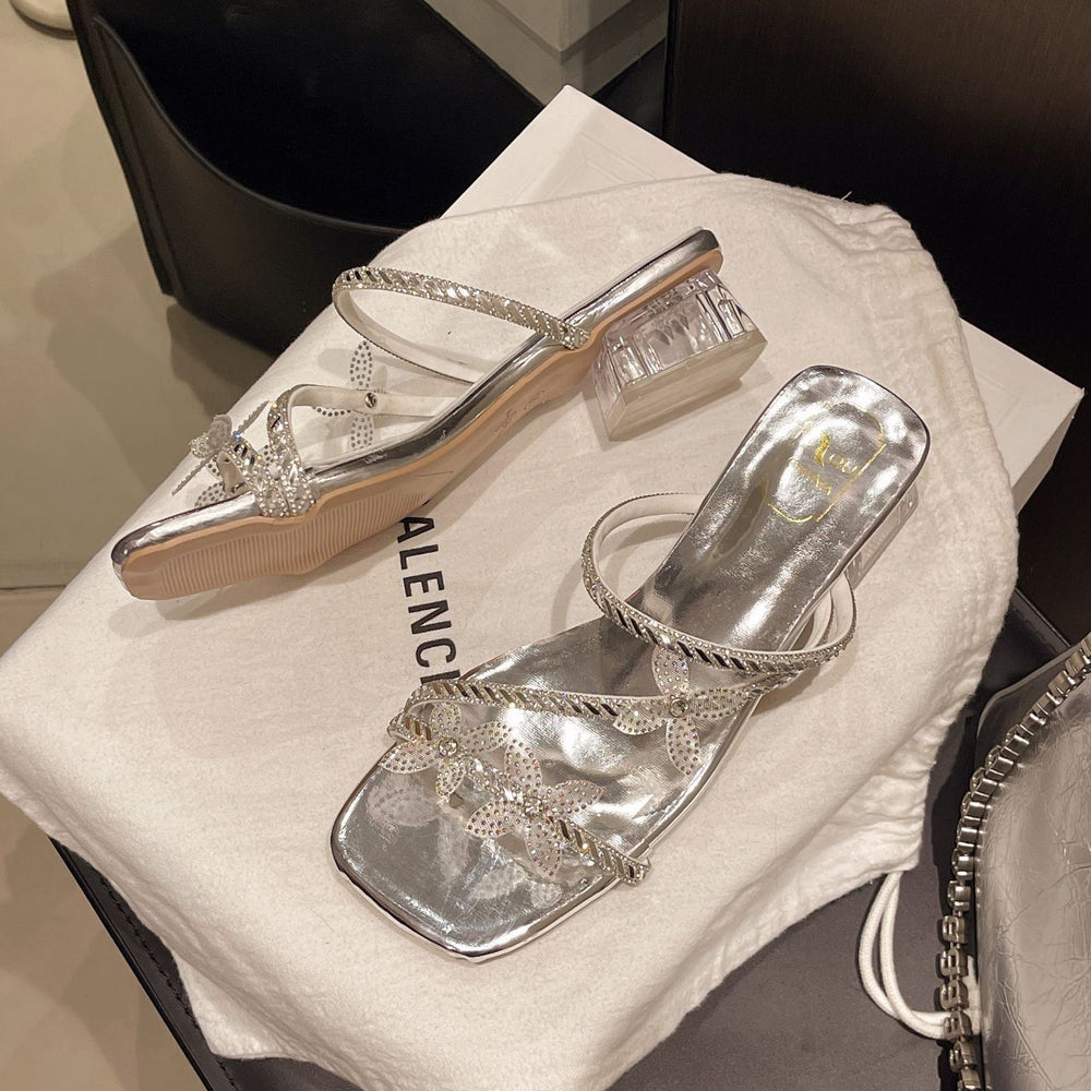 2026 summer foreign trade fashion french chunky heel sandals & slippers - women's crystal hot-selling new arrivals - stunning floral design
