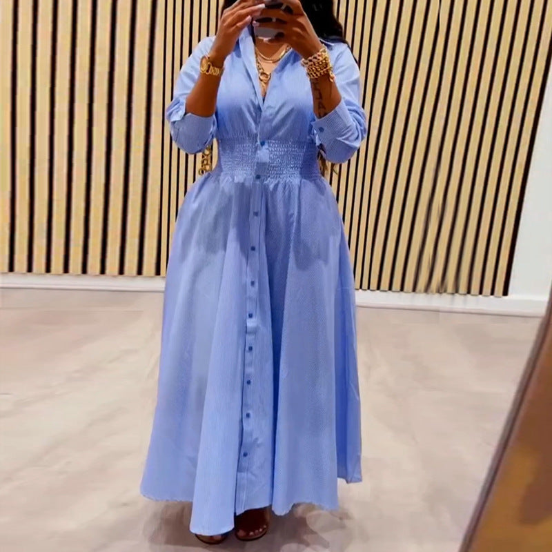 European and american cross-border women's fashion:  autumn new arrival - elegant lapel blue striped long-sleeve midi shirt dress