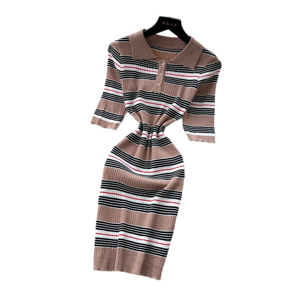 French polo collar striped knit dress - women's summer slim fit, minimalist, figure-flattering, cinched waist, sexy bodycon dress for work