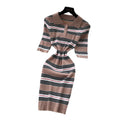 French polo collar striped knit dress - women's summer slim fit, minimalist, figure-flattering, cinched waist, sexy bodycon dress for work