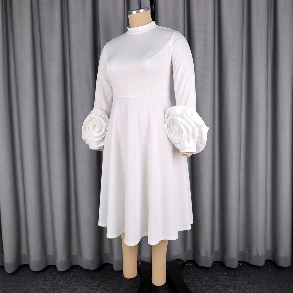 New plus size elegant midi a-line dress - mock neck, long sleeves, 3d floral sleeves, chic dress