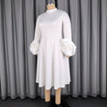 New plus size elegant midi a-line dress - mock neck, long sleeves, 3d floral sleeves, chic dress
