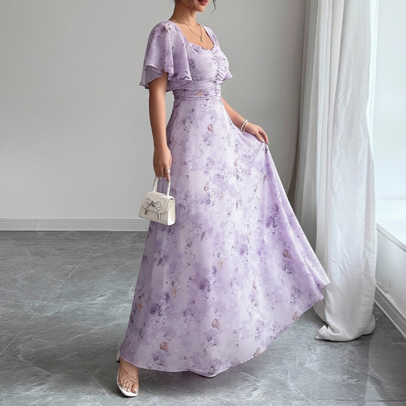cross-border european and american women's clothing: new summer collection - elegant printed ruffle sleeve slim-fit dress, perfect for vacation