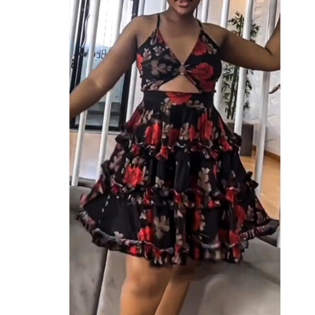 S10538 European and American, sexy, slim fit, printed fungus edge elastic cross suspender hollow cake dress dress