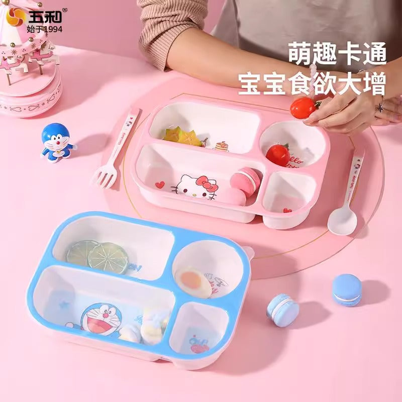 Bento bowl grid plate household eating plate primary school student lunch box tableware children's lunch box with sealing lid with fork and spoon