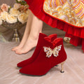 2024fall and winteroutwearfashionboots women's pointed toe thin heel xiuhu red bridal shoes pearl suede short boots