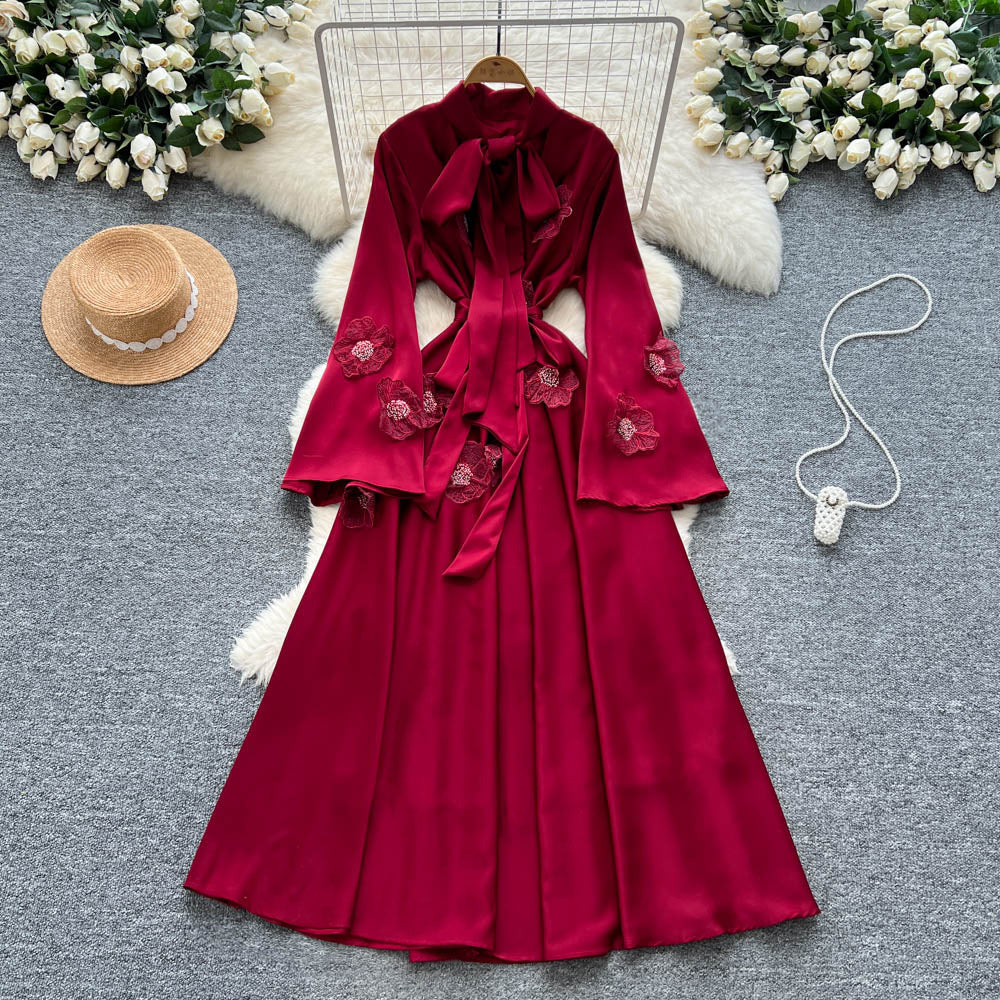 Frenchretrolong sleevesdress women's summerstereoflower tieelegant unique beautiful beautiful long skirt
