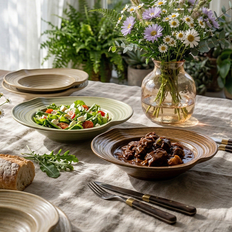 Spiral pattern rustic ceramic soup plate, vintage high-end ceramic salad plate, home restaurant food presentation deep dish pasta plate