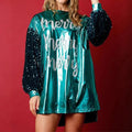 European and american cross-border women's fashion  christmas new arrival sequin long sleeve patchwork round neck printed midi dress