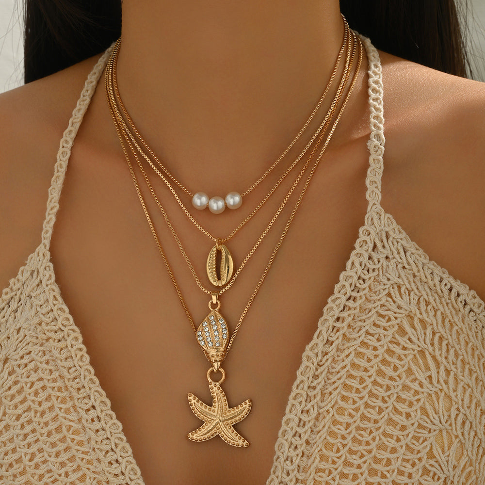 Wholesale seashell necklaces - european & american cross-border jewelry - women's ocean-themed vacation necklaces - conch & starfish layered collarbone chains