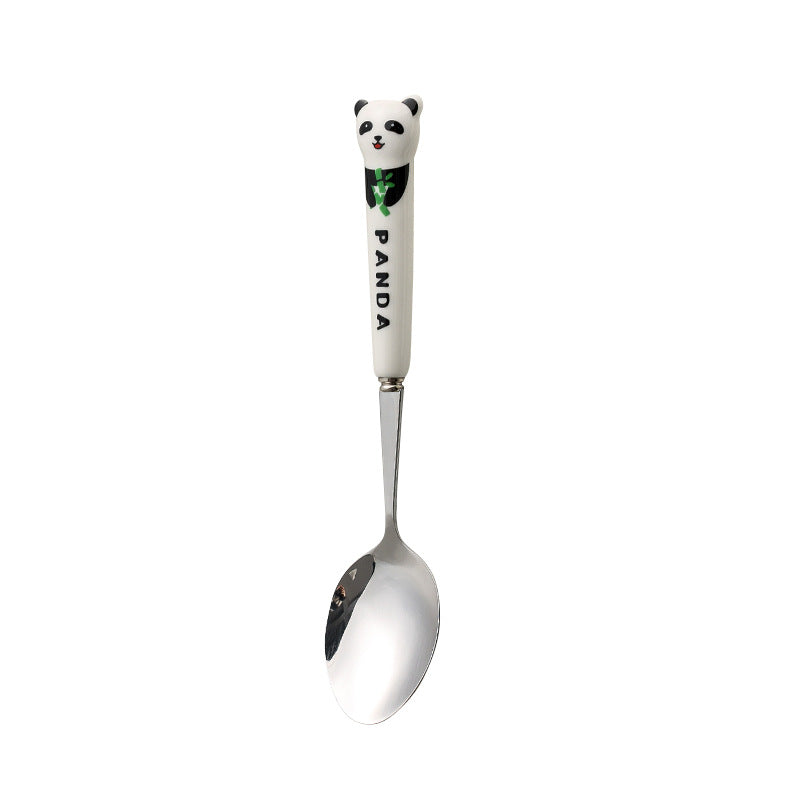 Cartoon stainless steel cutlery set: cute kids' forks with stylish ceramic handles, exquisite dessert spoons, and serving spoons