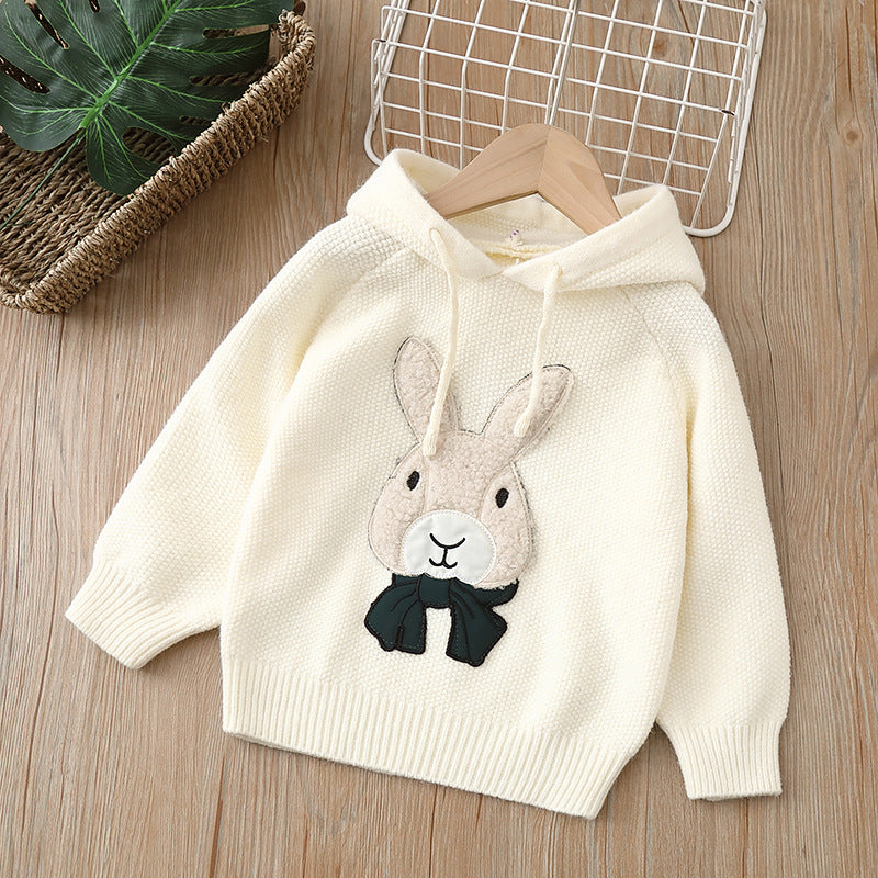 Girls' hooded sweater -  autumn/winter collection - rabbit design, versatile knit pullover, fleece-lined, thickened, pullover sweatshirt
