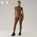 European and american nude feel zipper short sleeve yoga bodysuit - tummy control, butt lift, slimming workout leggings - dlt001