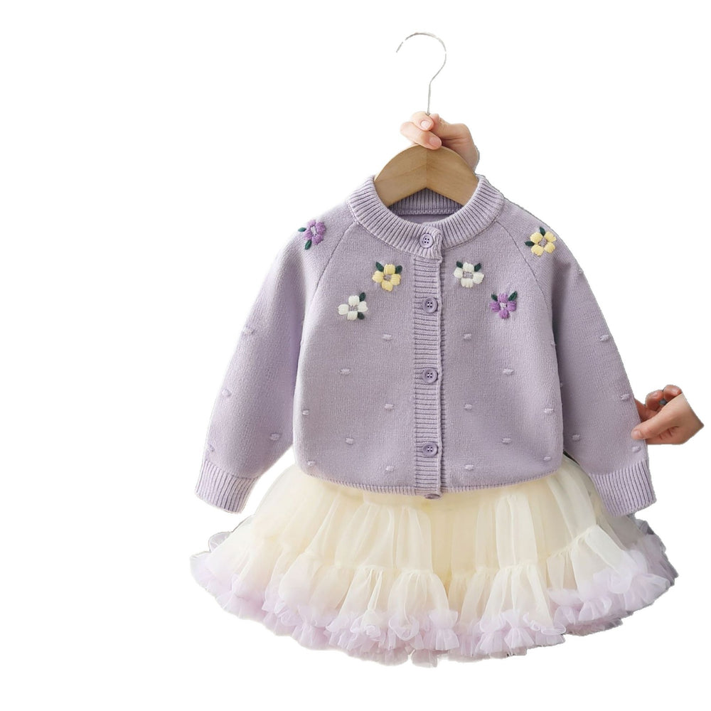 Girls' cardigan sweater princess dress two-piece set with embroidered floral tutu skirt - korean style knitted outfit for baby girls