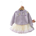 Girls' cardigan sweater princess dress two-piece set with embroidered floral tutu skirt - korean style knitted outfit for baby girls