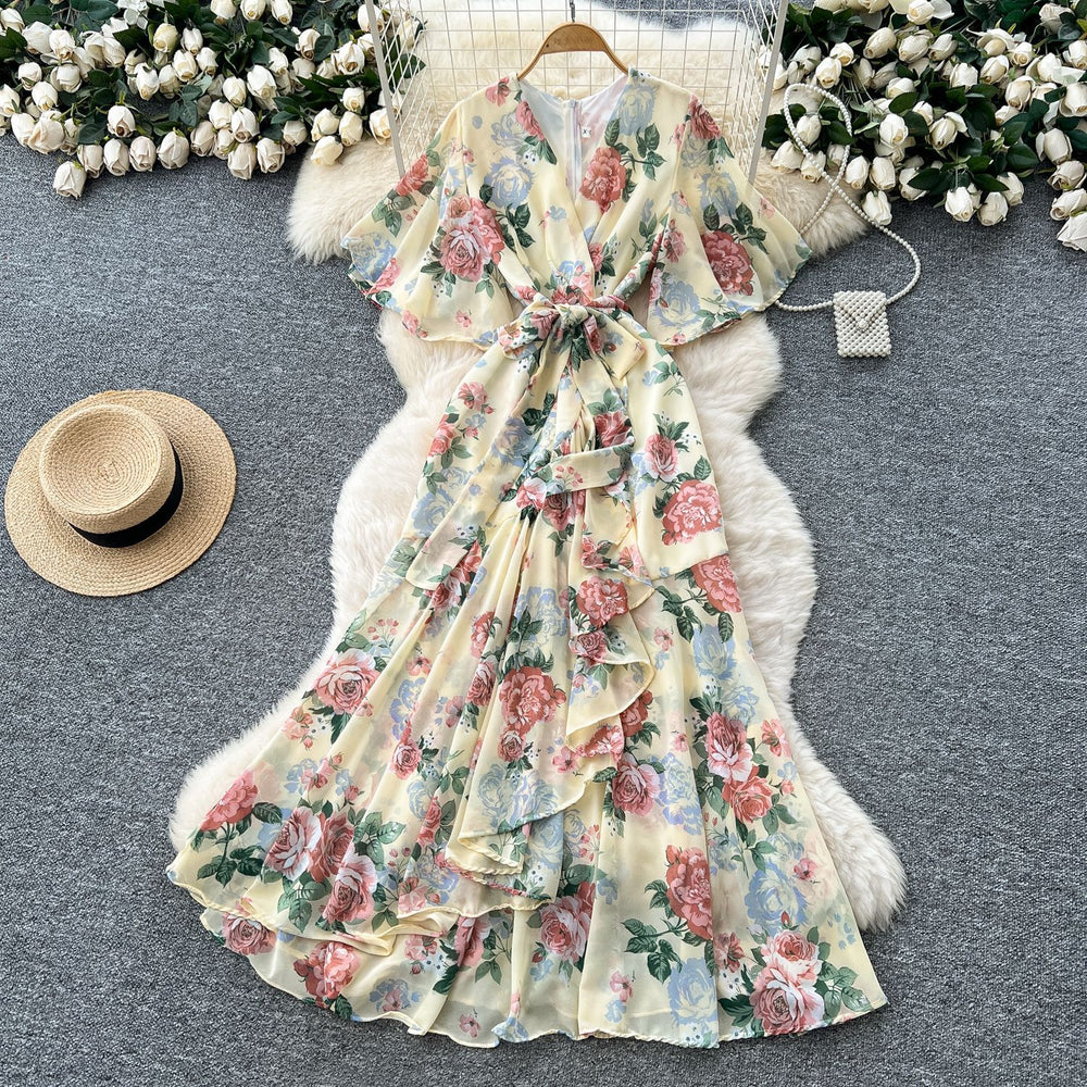 French chic high-end women's summer dress - elegant, figure-flattering, asymmetrical ruffle hem, floral chiffon maxi dress