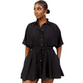 European and american cross-border women's fashion:  autumn/winter new collection - solid color short-sleeve shirt collar, cinched waist, drawstring, elegant dress