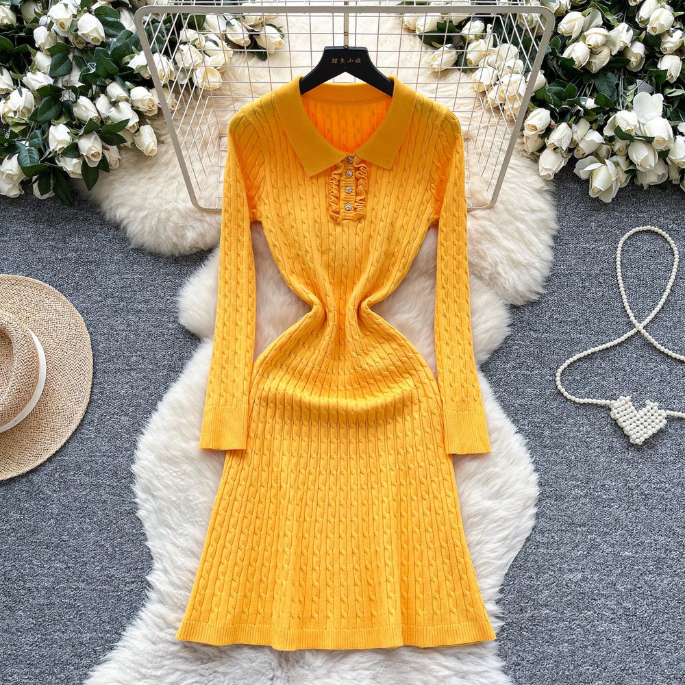 Inner wear sweater skirt with coat autumretro lapel waist slimming lookelegantlong sleevesknittingdress