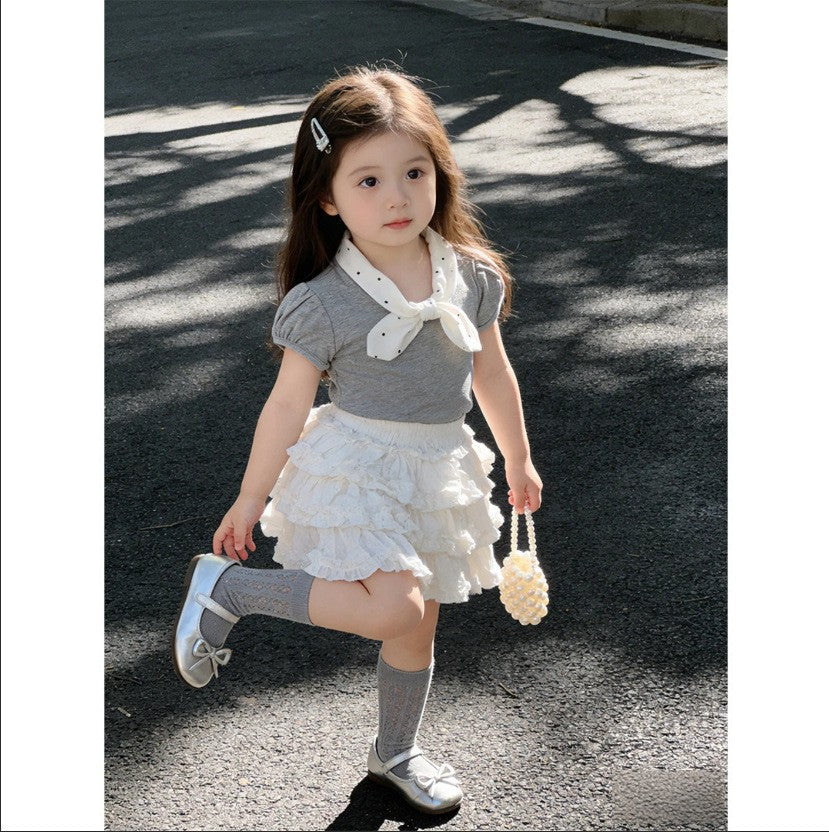 Girls' polka dot bow tie set - new summer style: chic t-shirt & lace tiered skirt, korean princess two-piece outfit
