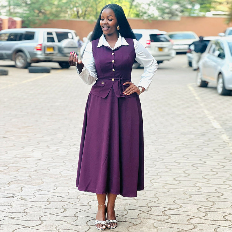 European and american women's clothing  autumn new collection: sweet and fresh two-piece set - collared shirt with faux layering and high-waisted midi skirt