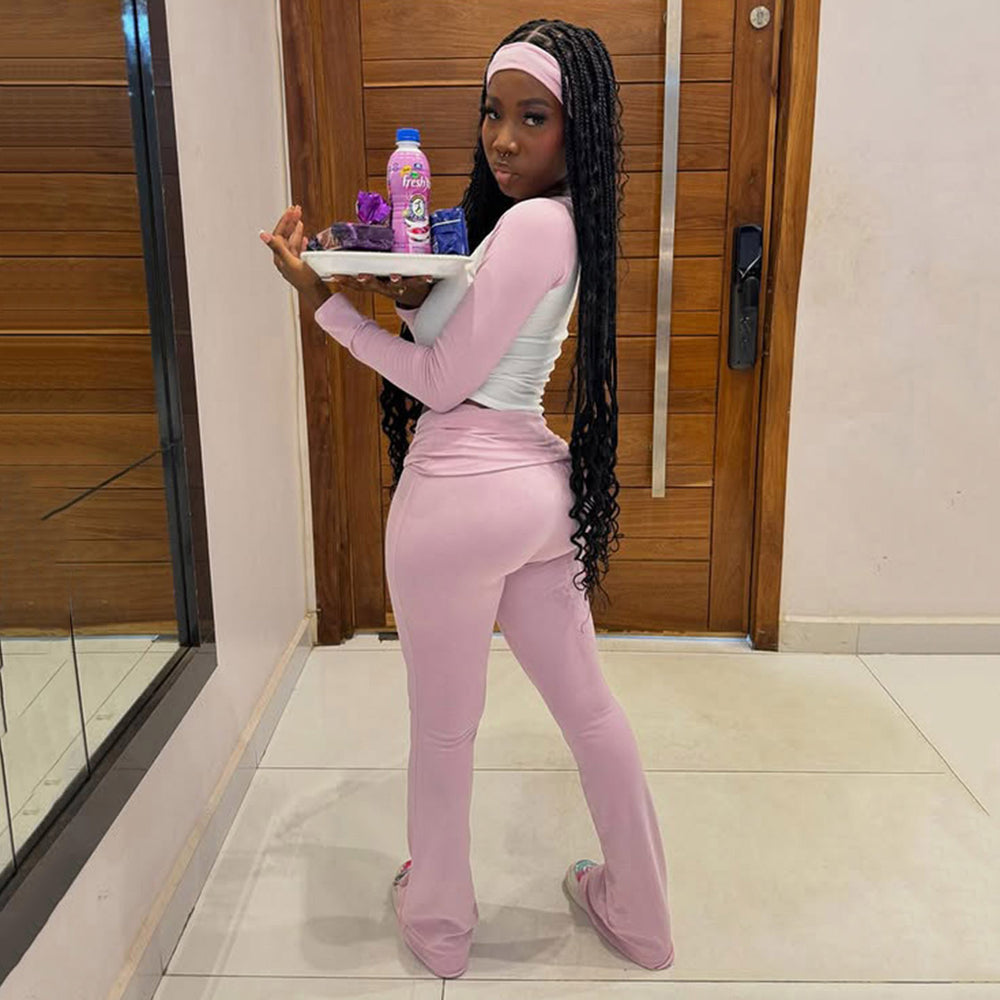 Amazon american casual sports suit comfy basics contrast color long sleeves t-shirt flip waistpants fitness three-piece set wholesale