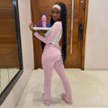 Amazon american casual sports suit comfy basics contrast color long sleeves t-shirt flip waistpants fitness three-piece set wholesale