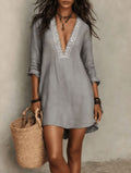 Independent station fashion cross-border women's clothing  summer new arrival v neck mid-sleeve vacation style eleganceelegantdress