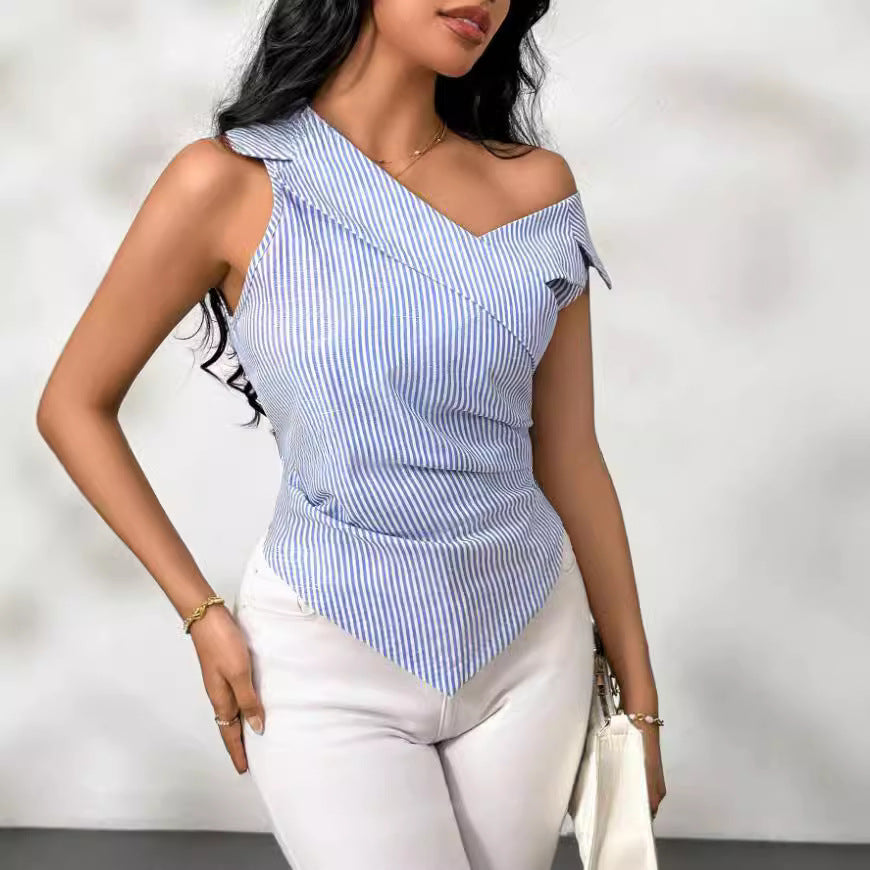 European and american cross-border   new striped design women's summer turn-down collar off-shoulder sleeveless vest