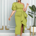 European and american women's clothing  summer new arrivals: ol style elegant waist-cinching puff sleeve one-shoulder banquet slit dress, european and american style dress