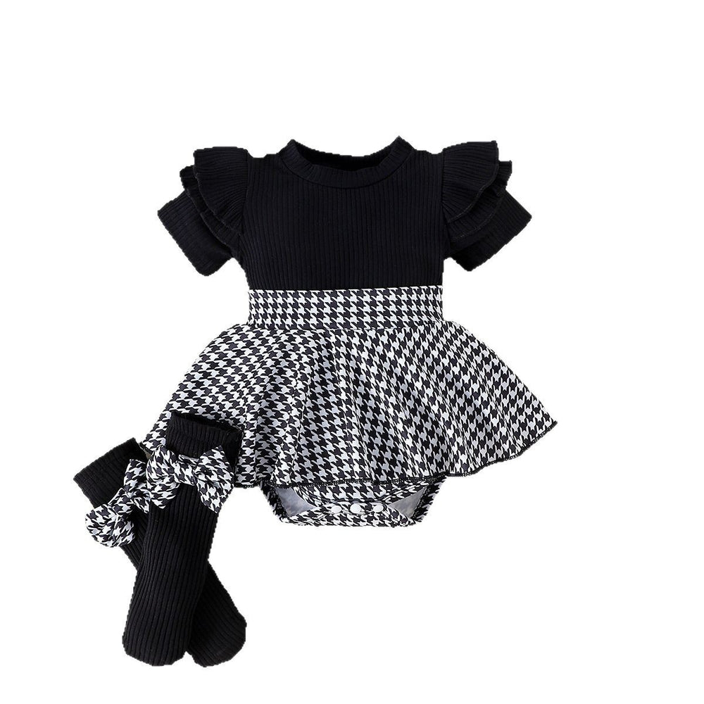 Children's clothing  cross-border european and american girls black tops houndstooth skirt suit new