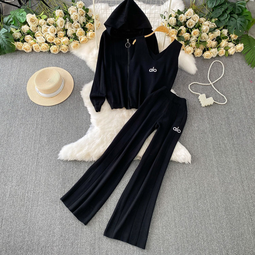 Trendy women's winter three-piece set: casual zip-up hooded knit jacket + embroidered tank top + high-waisted pleated wide-leg pants