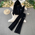 Trendy women's winter three-piece set: casual zip-up hooded knit jacket + embroidered tank top + high-waisted pleated wide-leg pants