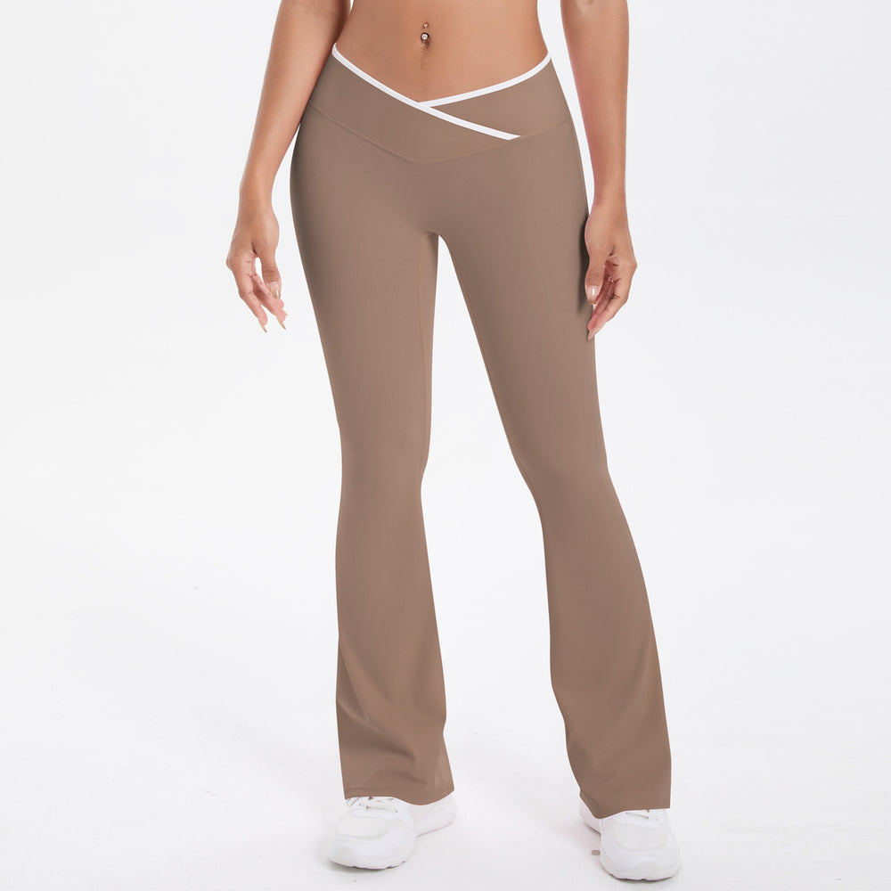 European and american nude feel tight yoga pants - color block crossover high waist wide leg flare leggings - quick dry athletic running fitness pants