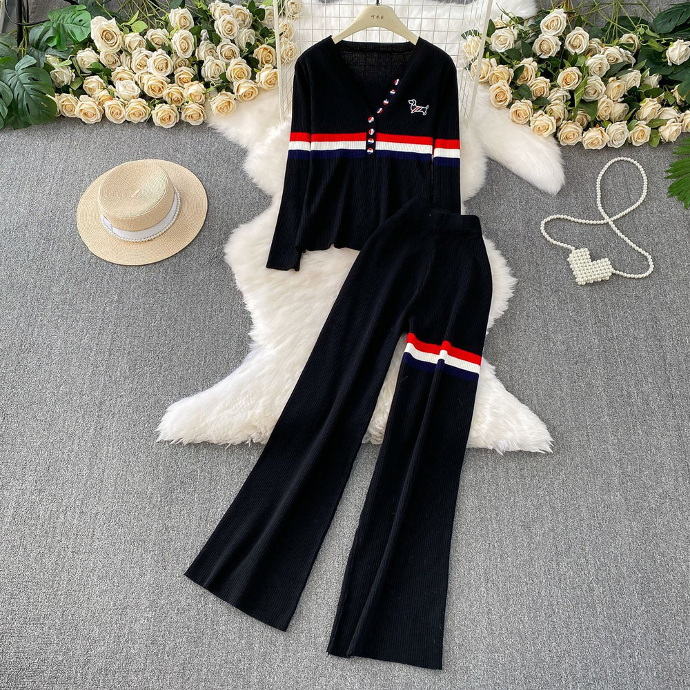Fashionable grey suit set for women - summer design, single-breasted, slimming knit long sleeve top with striped embroidered wide-leg pants