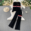 Fashionable grey suit set for women - summer design, single-breasted, slimming knit long sleeve top with striped embroidered wide-leg pants