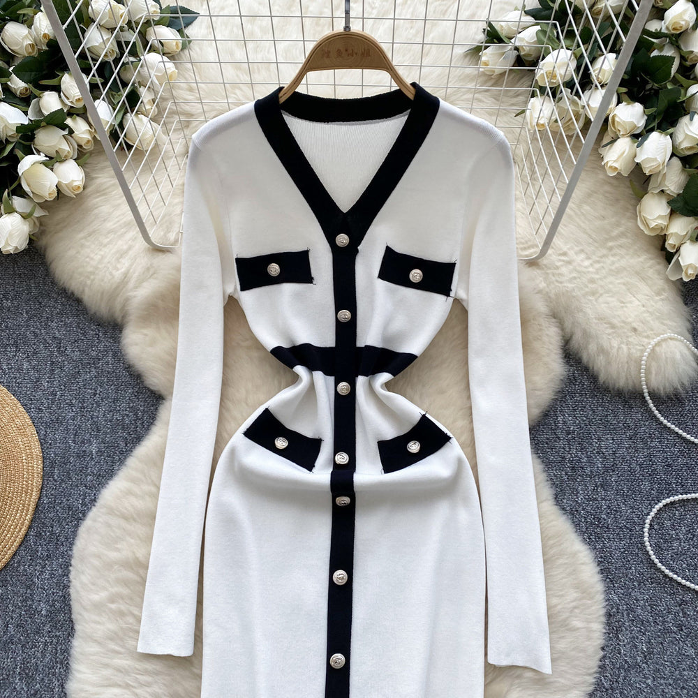 autumn new arrival: women's knitted dress - chanel-inspired retro color block v-neck knit dress with metal buckle waist detail and slim fit