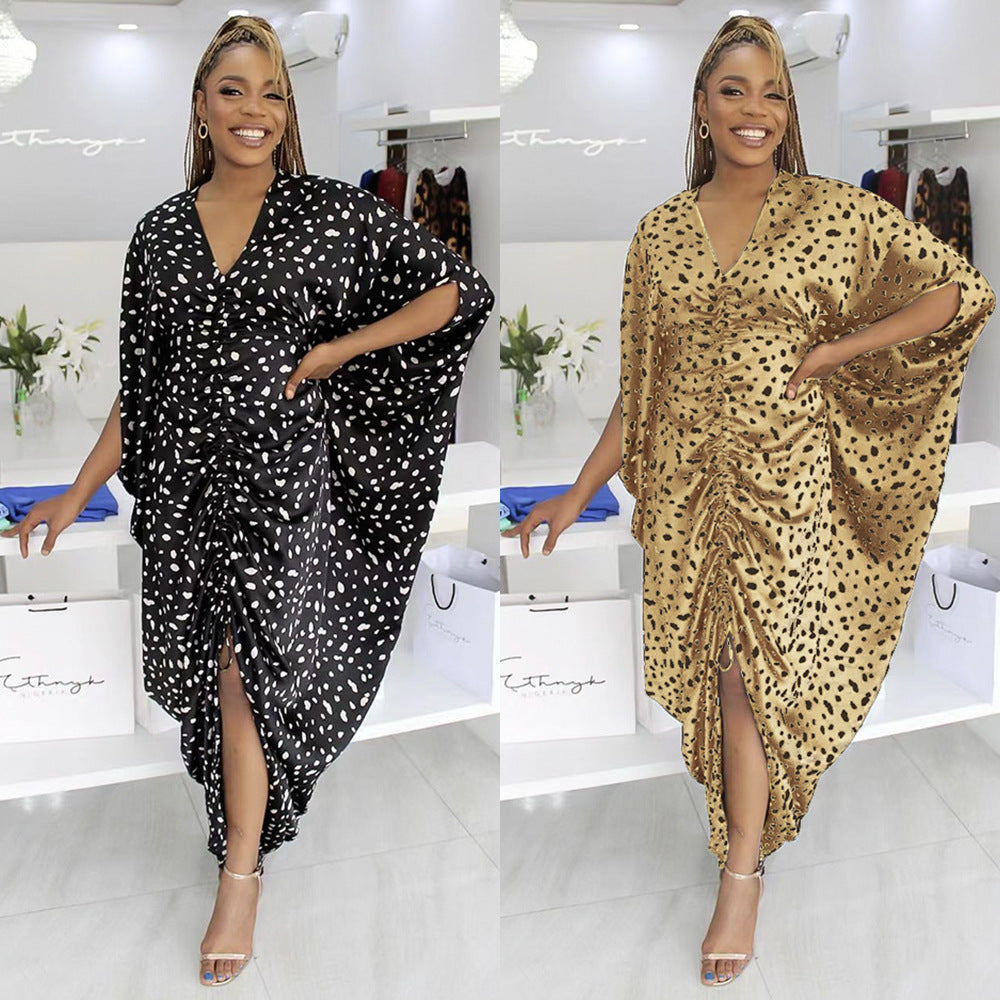 Autumn irregular waist leopard print v-neck loose drawstring dress african plus size women's clothing factory wholesale