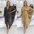 Autumn irregular waist leopard print v-neck loose drawstring dress african plus size women's clothing factory wholesale
