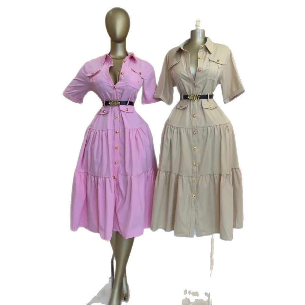 European and american cross-border women's fashion:  summer new arrival - stylish and elegant lapel button-down pocket short-sleeve shirt dress