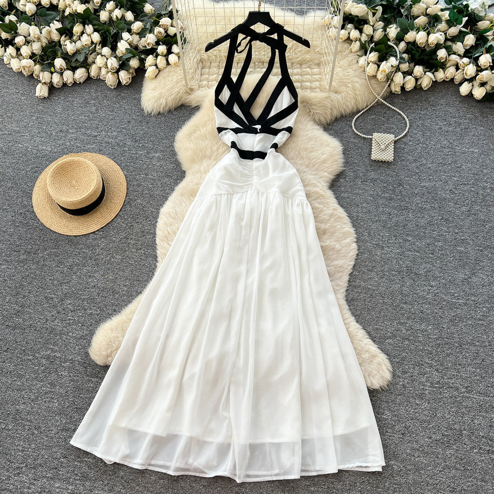 French seaside vacation elegant long skirt pure lust sexy sexy backless evening dress v neckhalter suspender dress