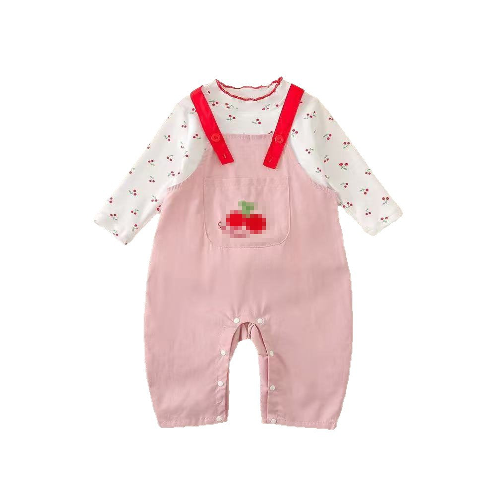 Autumn cherry two-piece overalls set - girls' outfit, new cartoon style, korean fashion, cute baby